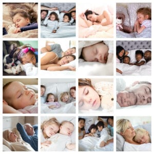 Collage of photos of people sleeping