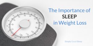 Body weight scale with the caption 'The Importance of Sleep in Weight Loss - Simply Good Sleep'
