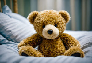 cute plush teddy bear on the bed - in the post Embracing Comfort - Adults Sleeping with Stuffed Animals - by Simply Good Sleep